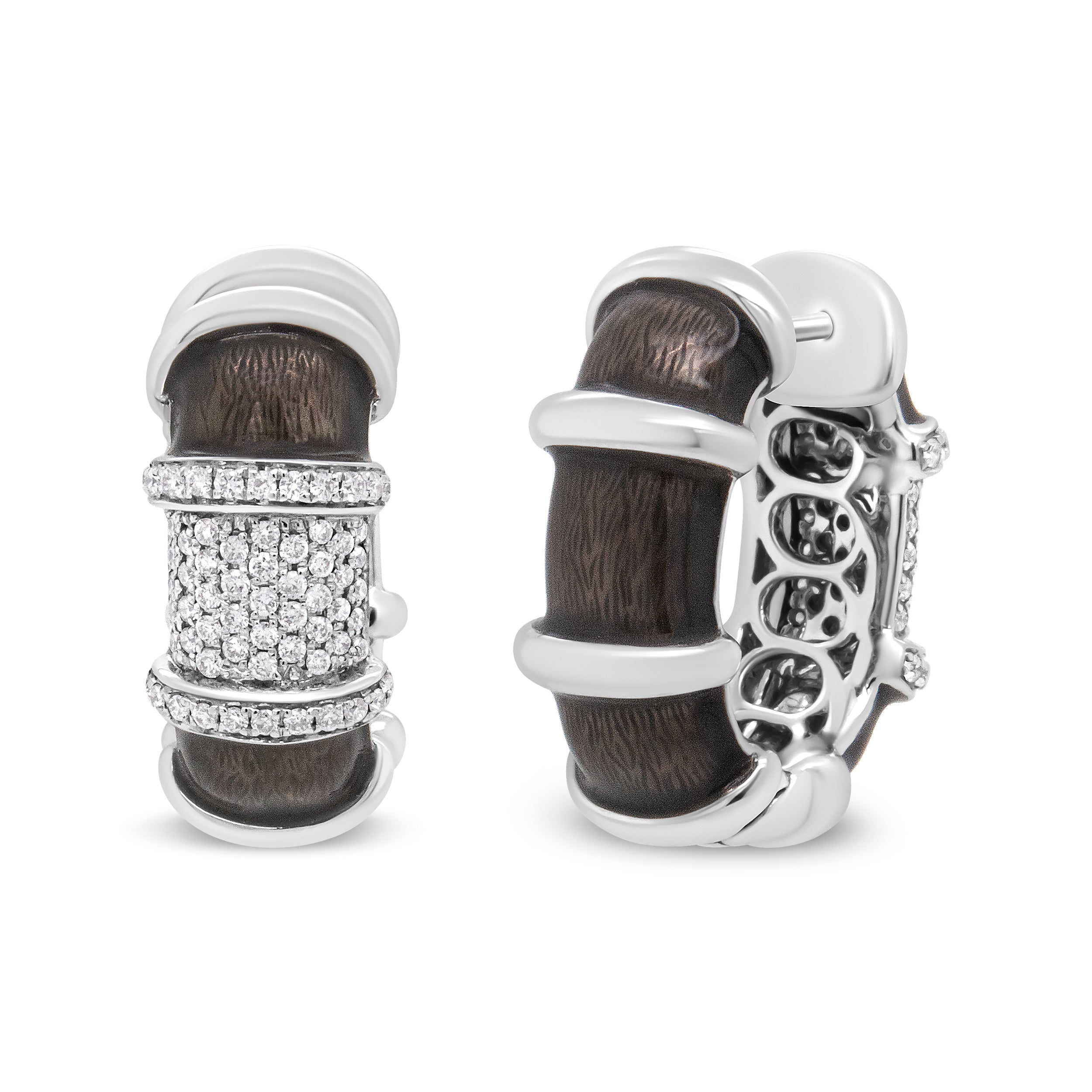 18K White Gold Flash Plated .925 Sterling Silver Clear Graphite Grey Enamel 5/8 Carat Total Weight Round Diamonds Huggie Hoop Earrings (F-G Color, VS1-VS2 Clarity)