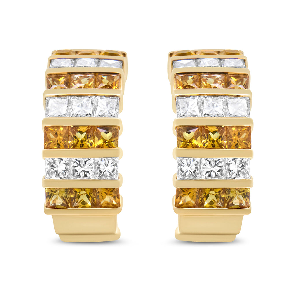 18K Yellow Gold 1 3/4 Cttw Invisible Set Princess Cut Diamond and 2.5mm Yellow Sapphire Huggie Hoop Earrings (F-G Color, VS1-VS2 Clarity)