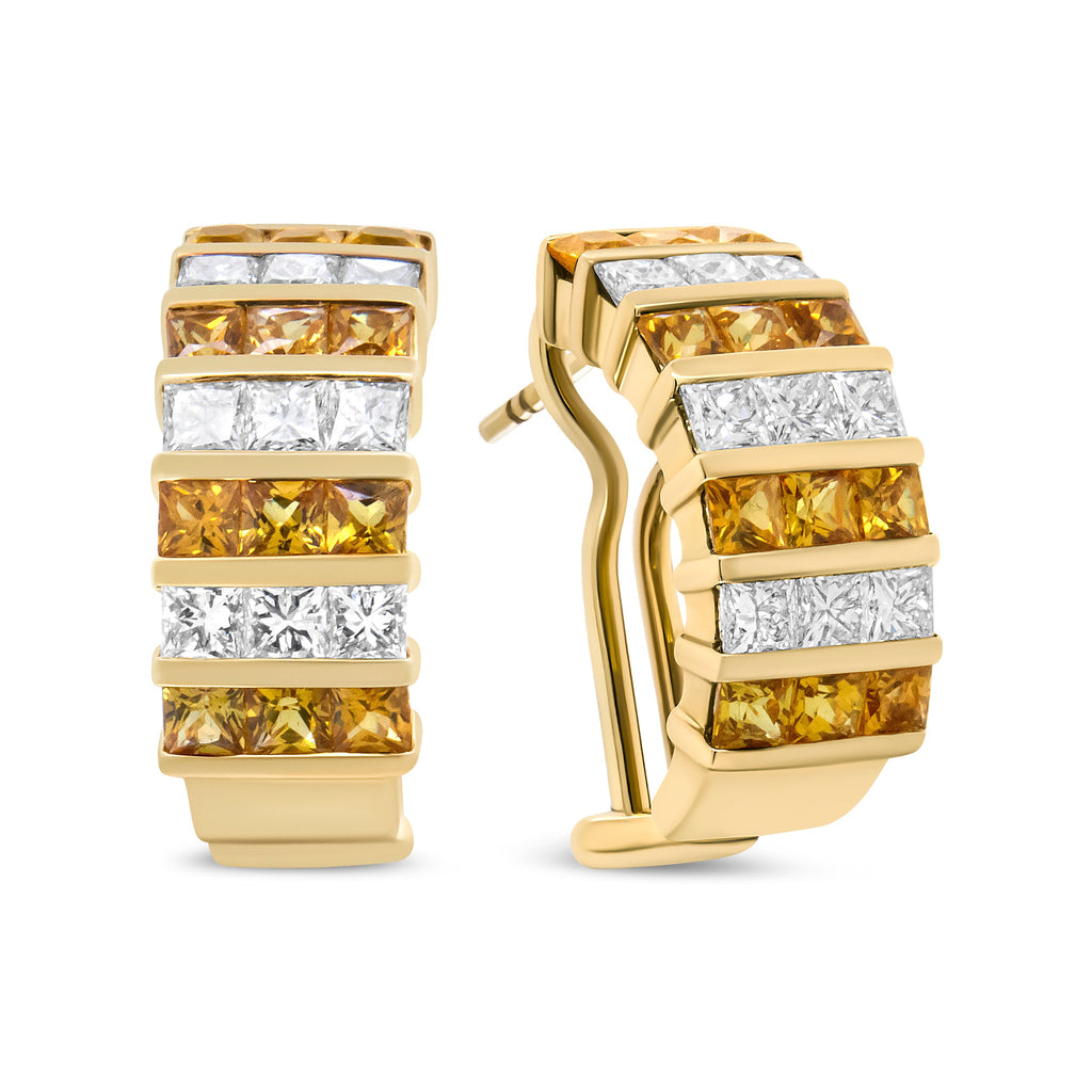18K Yellow Gold 1 3/4 Cttw Invisible Set Princess Cut Diamond and 2.5mm Yellow Sapphire Huggie Hoop Earrings (F-G Color, VS1-VS2 Clarity)