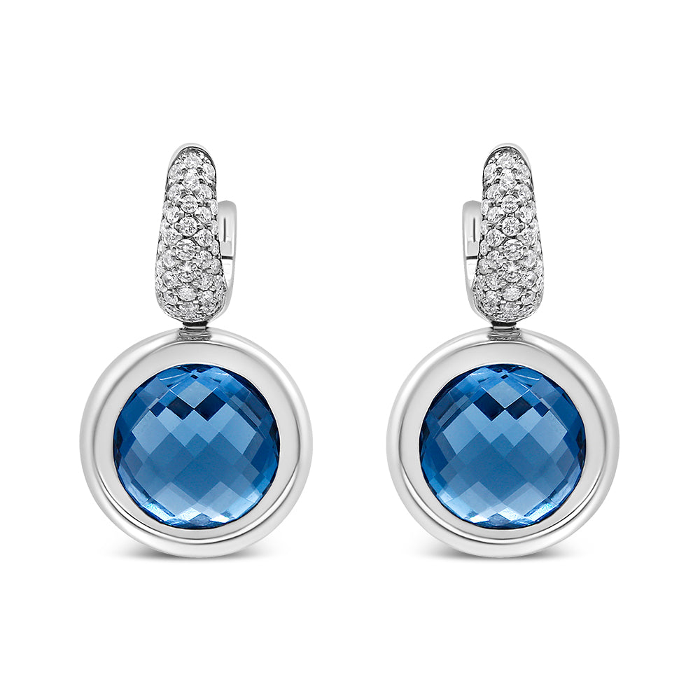 18K White Gold Bezel Set 11mm Blue Topaz and 1/2 Cttw Invisible Set Diamond Bail Dangle Earrings (F-G Color, VS1-VS2 Clarity)