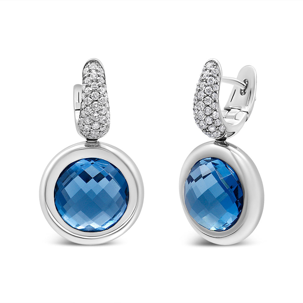 18K White Gold Bezel Set 11mm Blue Topaz and 1/2 Cttw Invisible Set Diamond Bail Dangle Earrings (F-G Color, VS1-VS2 Clarity)