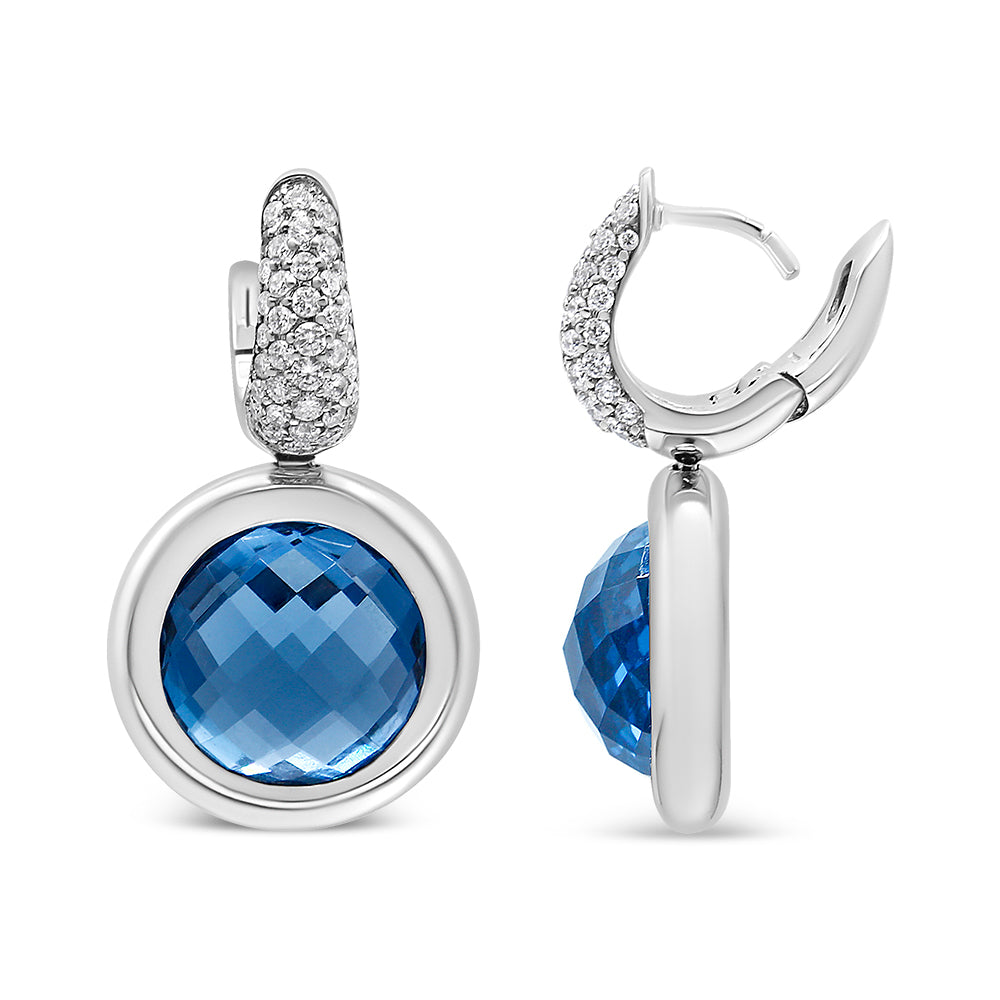18K White Gold Bezel Set 11mm Blue Topaz and 1/2 Cttw Invisible Set Diamond Bail Dangle Earrings (F-G Color, VS1-VS2 Clarity)