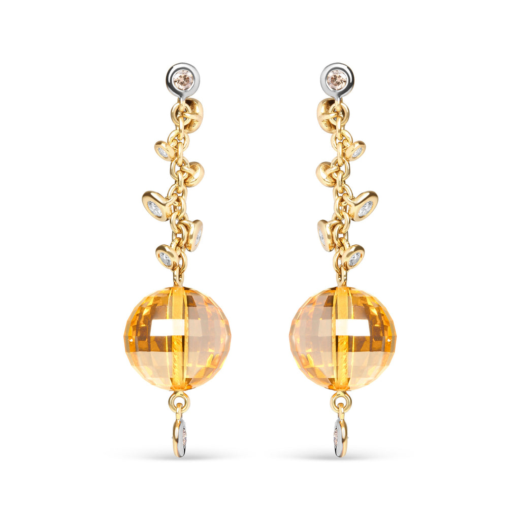 18K Yellow Gold 2/3 Cttw Round Bezel Diamond and 25mm Ball Shaped Yellow Citrine Gemstone Dangle Stud Earrings (Brown and G-H Color, SI1-SI2 Clarity)