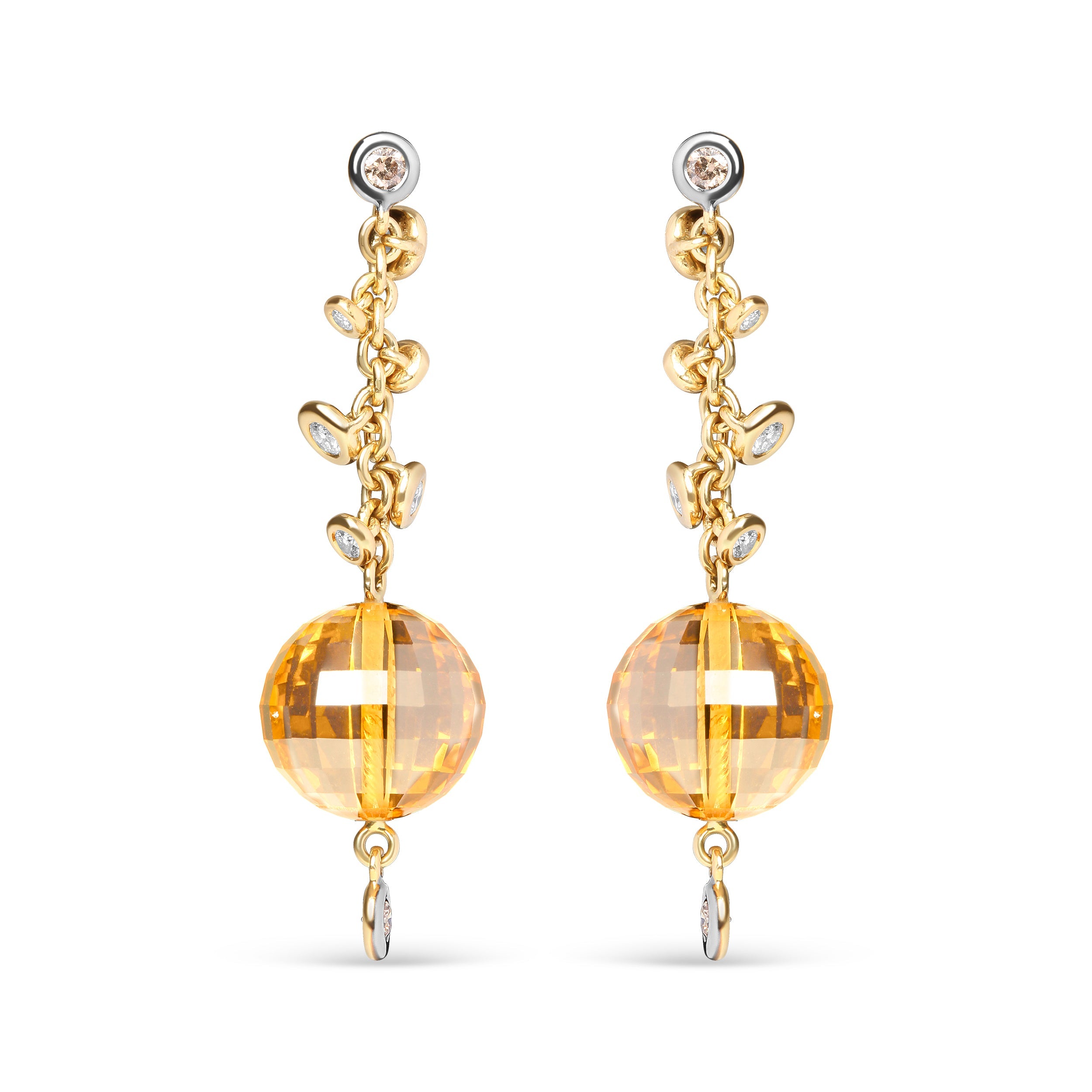 18K Yellow Gold 2/3 Cttw Round Bezel Diamond and 25mm Ball Shaped Yellow Citrine Gemstone Dangle Stud Earrings (Brown and G-H Color, SI1-SI2 Clarity)