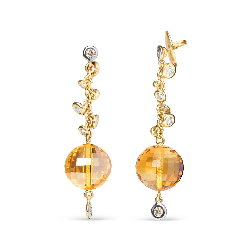 18K Yellow Gold 2/3 Cttw Round Bezel Diamond and 25mm Ball Shaped Yellow Citrine Gemstone Dangle Stud Earrings (Brown and G-H Color, SI1-SI2 Clarity)