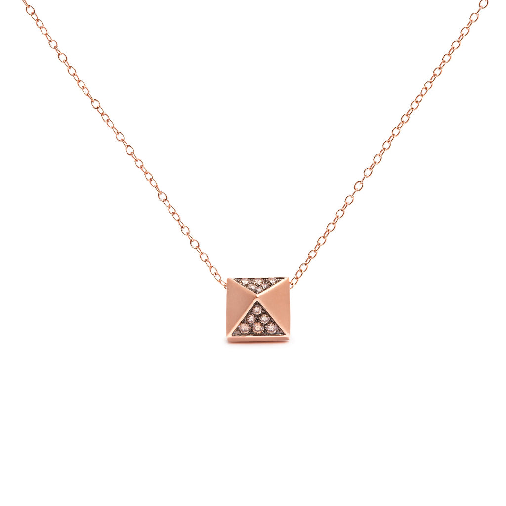 14K Rose Gold 1/4 Carat Total Weight Brown Diamond Matte Finished Pyramid Pendant Necklace (Brown Color, SI1-SI2 Clarity) - 18" Inches