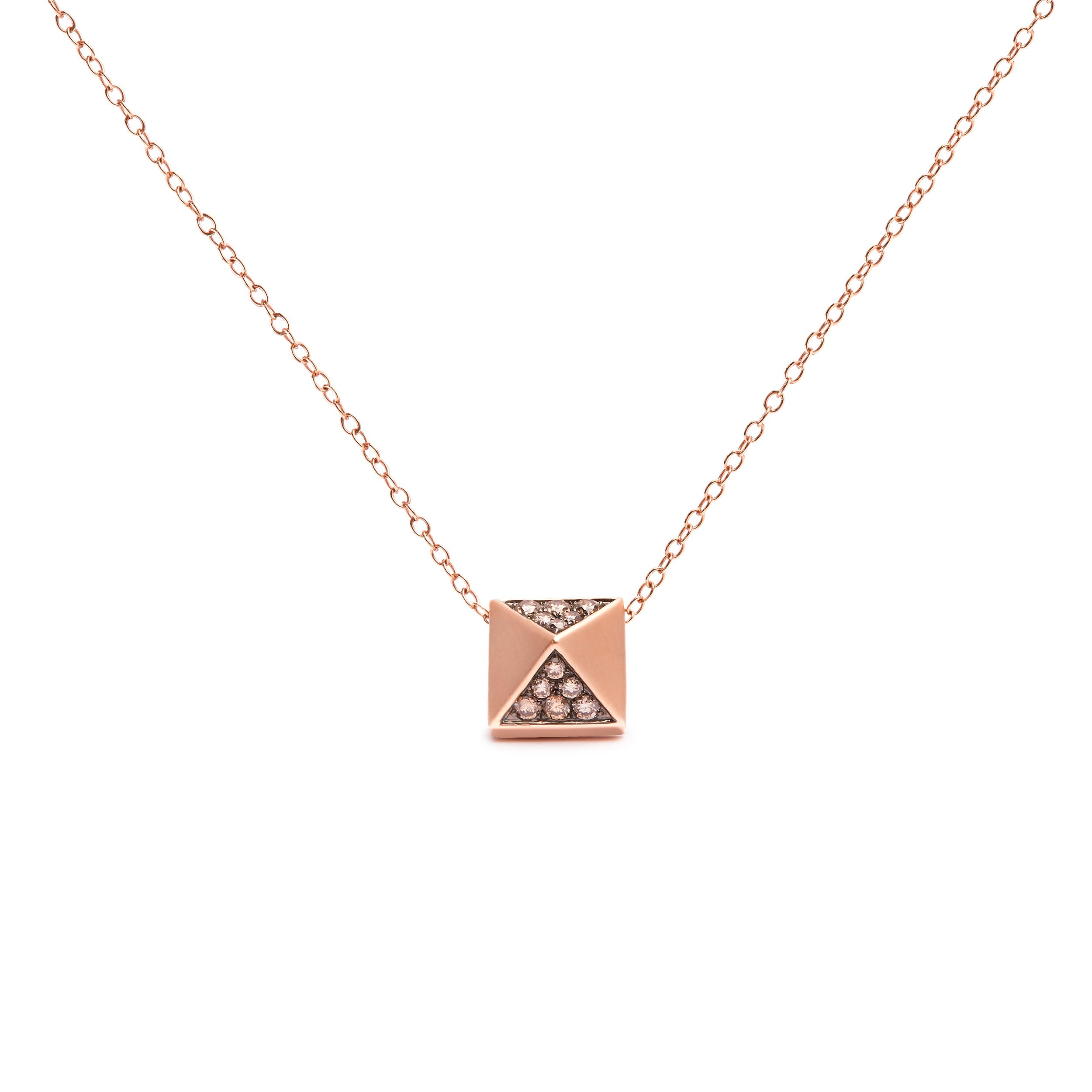 14K Rose Gold 1/4 Carat Total Weight Brown Diamond Matte Finished Pyramid Pendant Necklace (Brown Color, SI1-SI2 Clarity) - 18" Inches