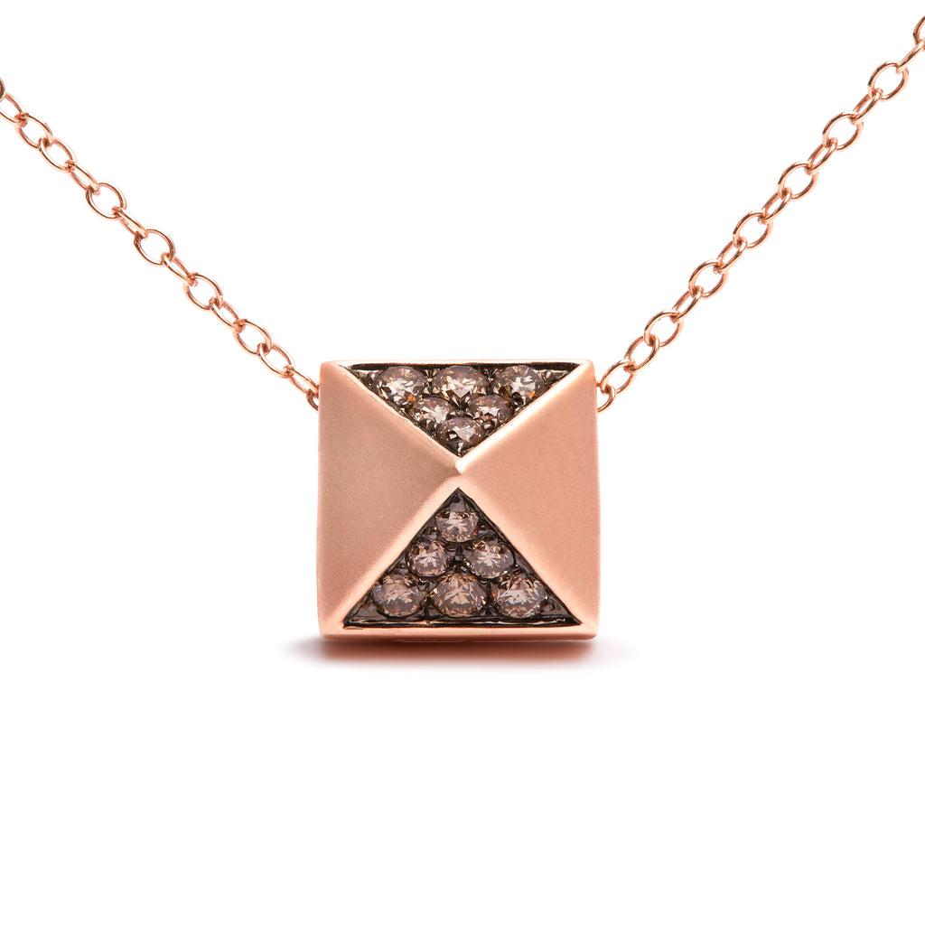14K Rose Gold 1/4 Carat Total Weight Brown Diamond Matte Finished Pyramid Pendant Necklace (Brown Color, SI1-SI2 Clarity) - 18" Inches