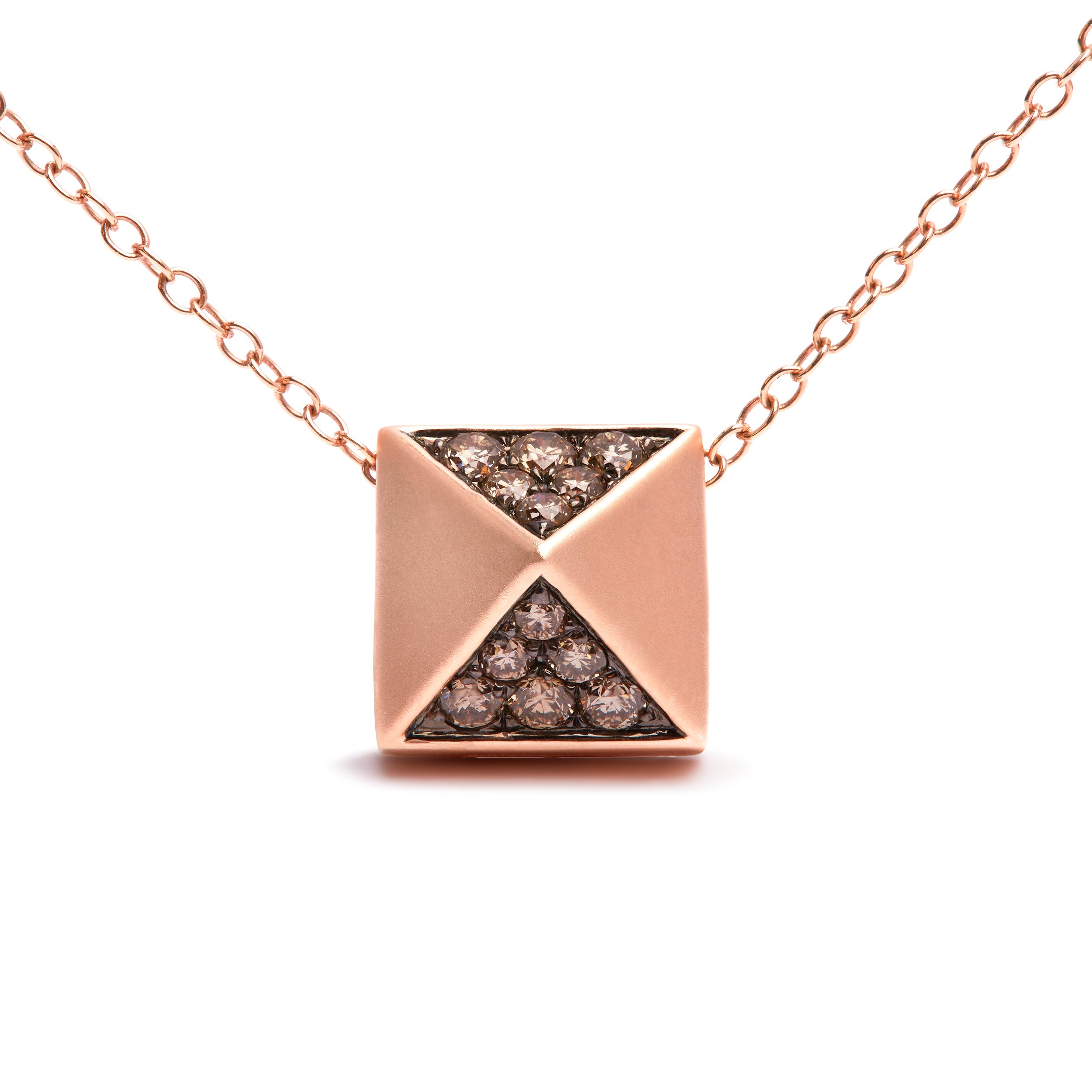 14K Rose Gold 1/4 Carat Total Weight Brown Diamond Matte Finished Pyramid Pendant Necklace (Brown Color, SI1-SI2 Clarity) - 18" Inches