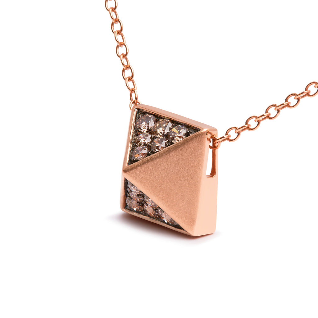 14K Rose Gold 1/4 Carat Total Weight Brown Diamond Matte Finished Pyramid Pendant Necklace (Brown Color, SI1-SI2 Clarity) - 18" Inches