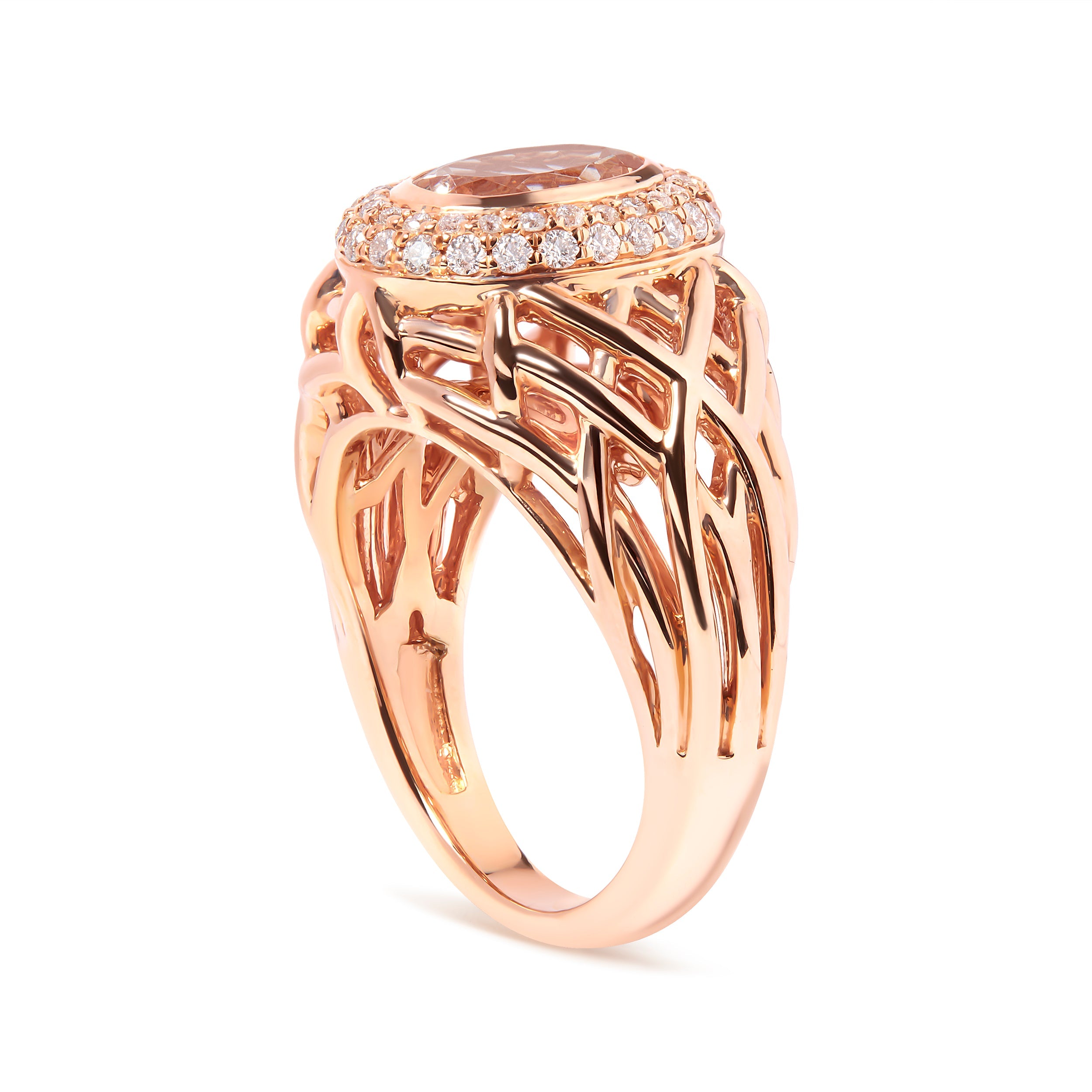 14K Rose Gold Oval Cut Light Pink Morganite and 3/8 Cttw Diamonds Halo and Basket Weave Cocktail Ring (G-H Color, SI1-SI2 Clarity) - Size 7