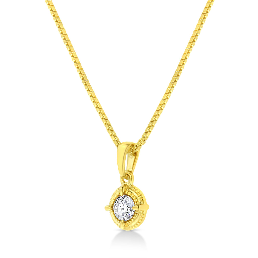 14K Yellow Gold Plated .925 Sterling Silver 1/2 Cttw Brilliant Round Cut Diamond Solitaire Milgrain 18" Pendant Necklace (K-L Color, I2-I3 Clarity)