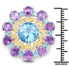 8.86 Carat Genuine London Blue Topaz and Amethyst .925 Sterling Silver Ring