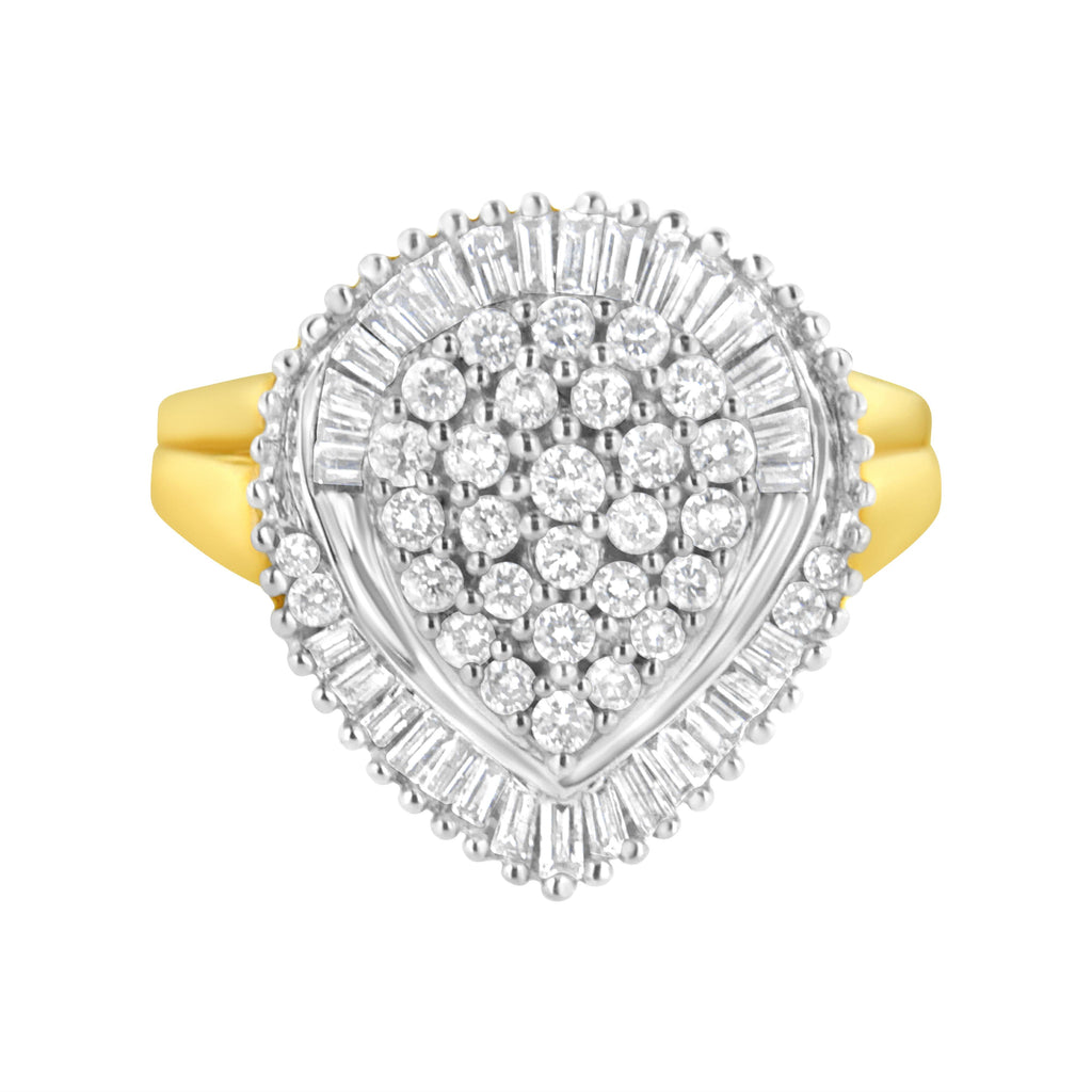 10K Yellow Gold 1.0 Cttw Round and Baguette Cut Diamond Oval Shaped Cluster Ring (I-J Color, I1-I2 Clarity) - Size 7