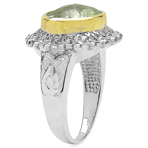 Anillo de plata esterlina 925 con amatista verde genuina de 4,16 quilates y topacio blanco, enchapado en dos tonos