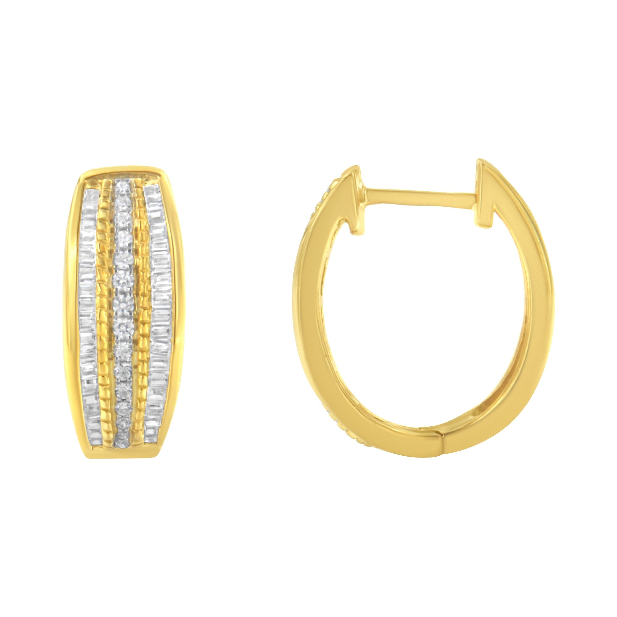 10K Yellow Gold 3/4 Carat Total Weight Pave and Channel Set Diamond Triple Row Modern Hoop Earrings (I-J Color, I2-I3 Clarity)