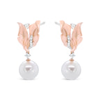 14K Rose Gold 1/6 Cttw Round Diamond and 8mm Round Pearl Floral Drop Stud Earrings (H-I Color, I1-I2 Clarity)