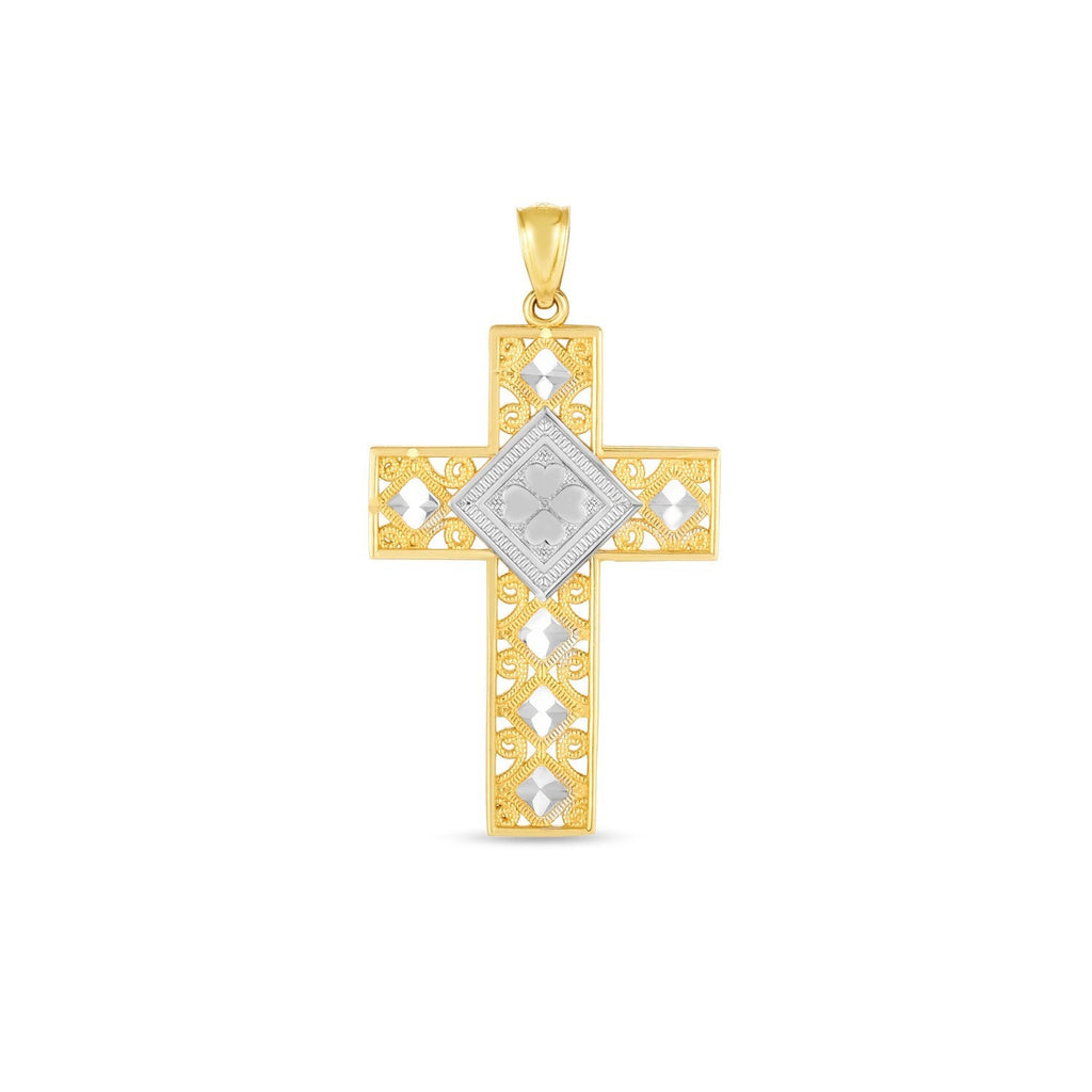 14k Two-Tone Gold High-Polish Diamond-Cut Cross Pendant