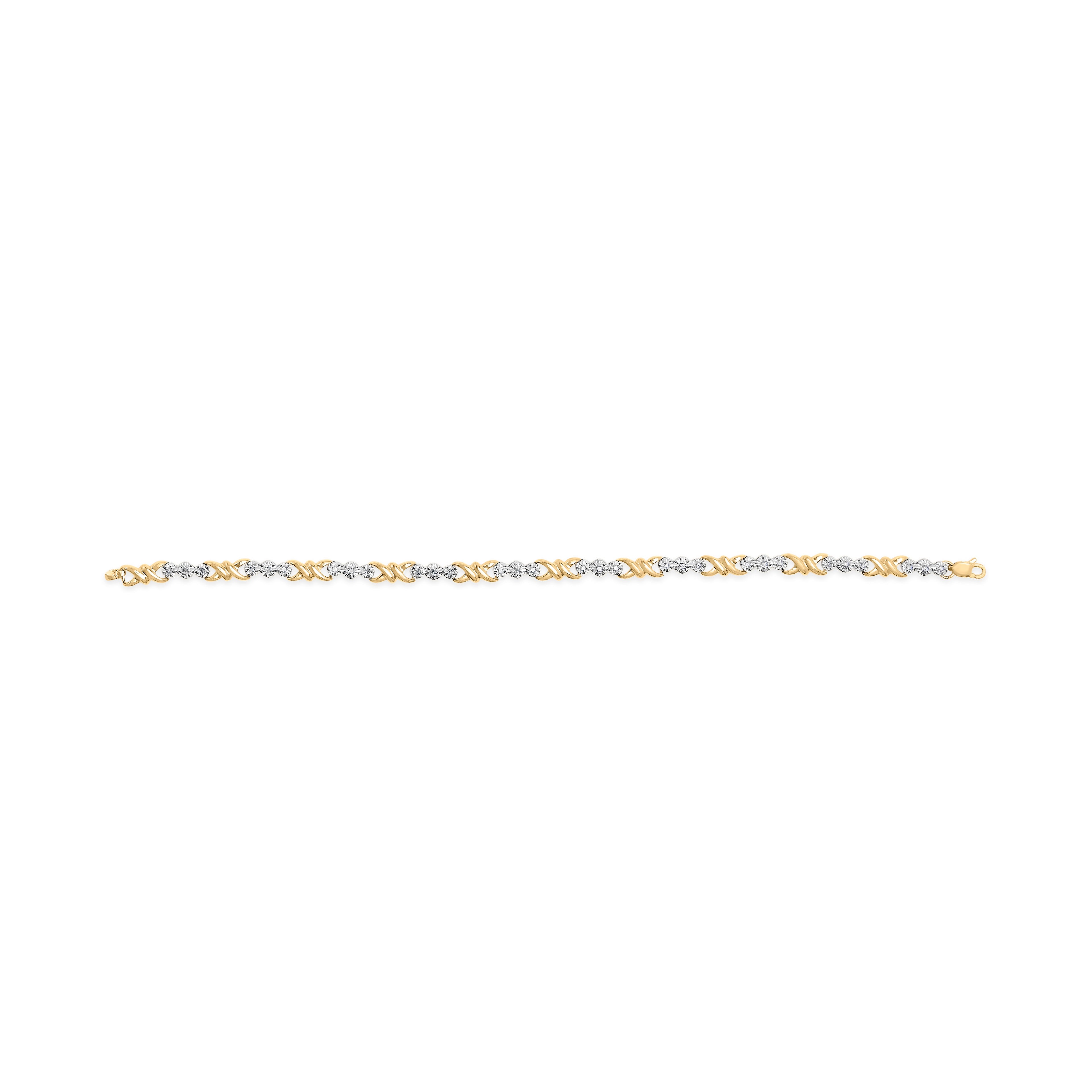 10k Yellow Gold 1/3 Carat Total Weight Diamond 3 Stone and X-Link Bracelet (I-J Color, I1-I2 Clarity) - 7.50" Inches