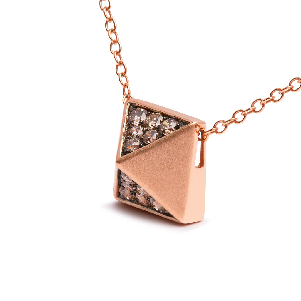 14K Rose Gold 1/4 Carat Total Weight Brown Diamond Matte Finished Pyramid Pendant Necklace (Brown Color, SI1-SI2 Clarity) - 18" Inches
