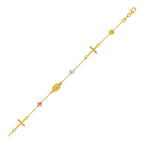 14k Tri-Color Gold Bracelet with Crosses, Cubes, and Medallions