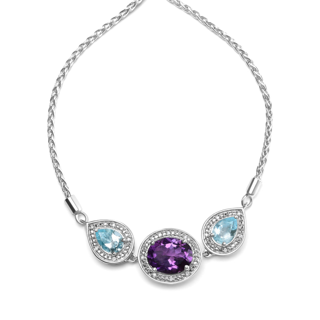 .925 Sterling Silver Oval Amethyst and Pear Blue Topaz with Diamond Accent Lariat 4"-10" Adjustable Bolo Bracelet (H-I Color, SI1-SI2 Clarity)
