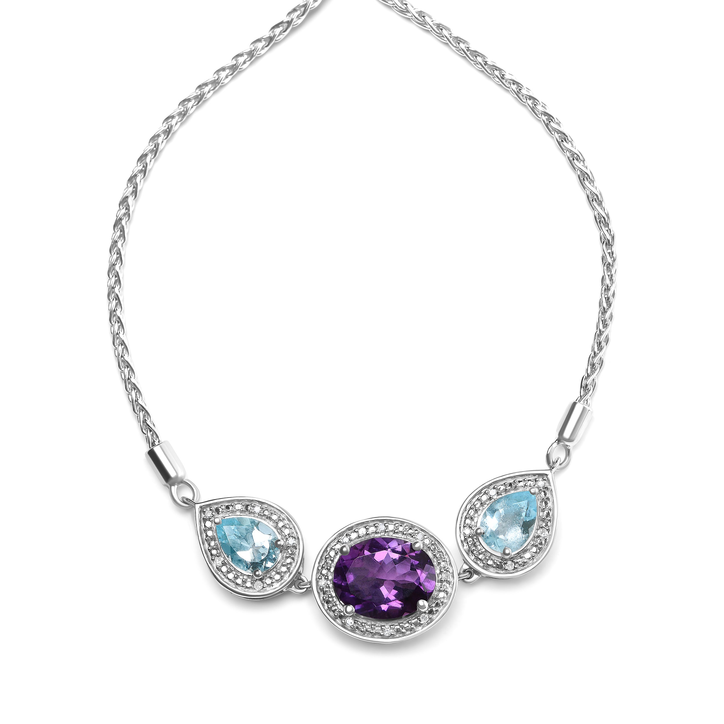 .925 Sterling Silver Oval Amethyst and Pear Blue Topaz with Diamond Accent Lariat 4"-10" Adjustable Bolo Bracelet (H-I Color, SI1-SI2 Clarity)