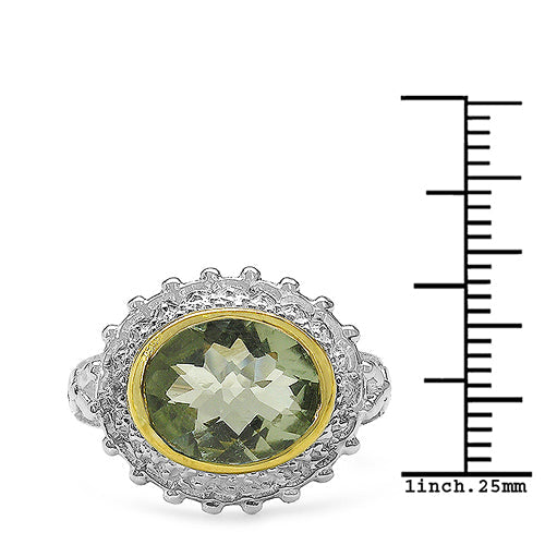 Anillo de plata esterlina 925 con amatista verde genuina de 4,16 quilates y topacio blanco, enchapado en dos tonos