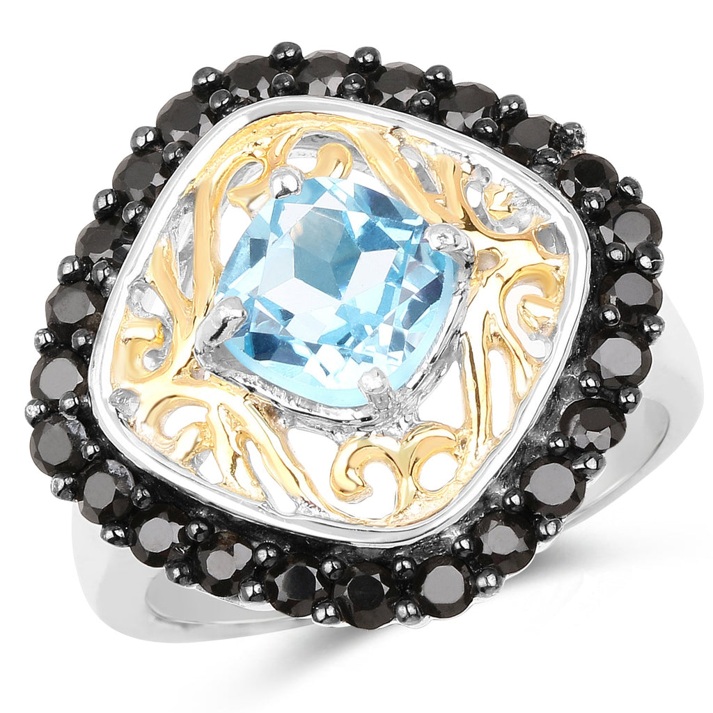 Anillo de plata de ley 925 con topacio azul suizo auténtico de 2,85 quilates y espinela negra, chapado en dos tonos