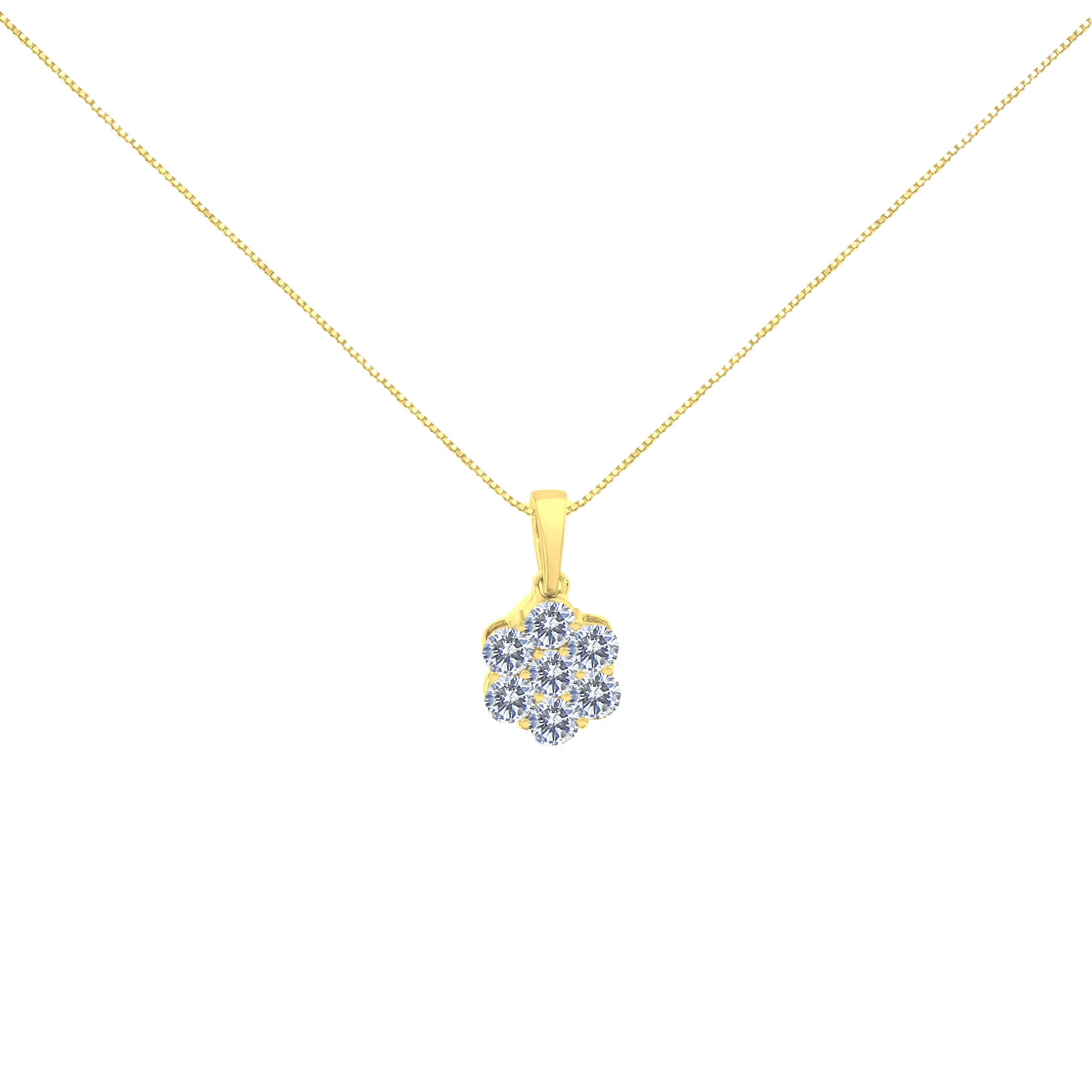 14K Yellow Gold 1.00 Carat Total Weight Brilliant Round-Cut Diamond 7 Stone Floral Cluster 18" Pendant Necklace (H-I Color, SI2-I1 Clarity)