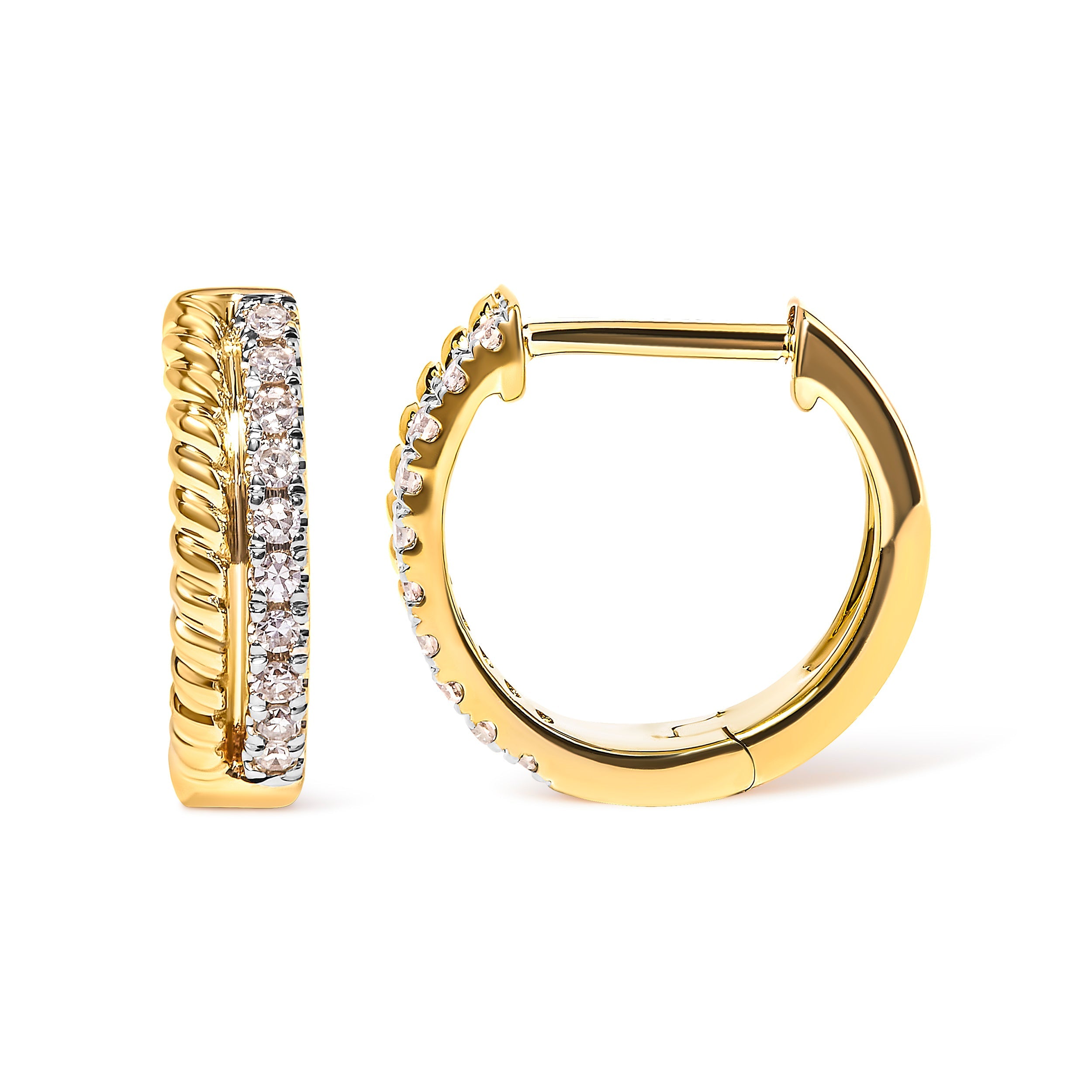 10K Yellow Gold 1/10 Cttw Diamond and Rope Twist Huggie Hoop Earrings (H-I Color, I1-I2 Clarity)