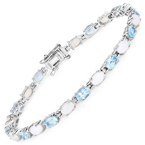 9.02 Carat Genuine Blue Topaz and Opal .925 Sterling Silver Bracelet