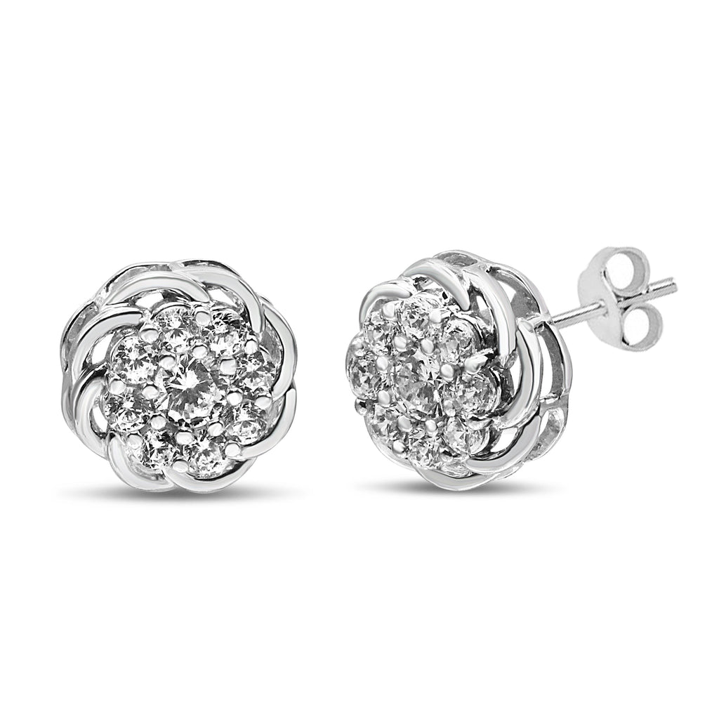 .925 Sterling Silver 1/2 Carat Total Weight Round Diamond Cluster Openwork Floral Halo Stud Earrings (I1-I2 Clarity, I-J Color)