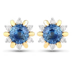 1.87 Carat Genuine Blue Sapphire and White Diamond 14K Yellow Gold Earrings