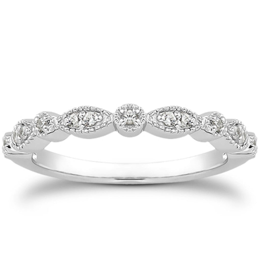 14k White Gold Vintage Look Fancy Pavé Diamond Milgrain Wedding Ring Band