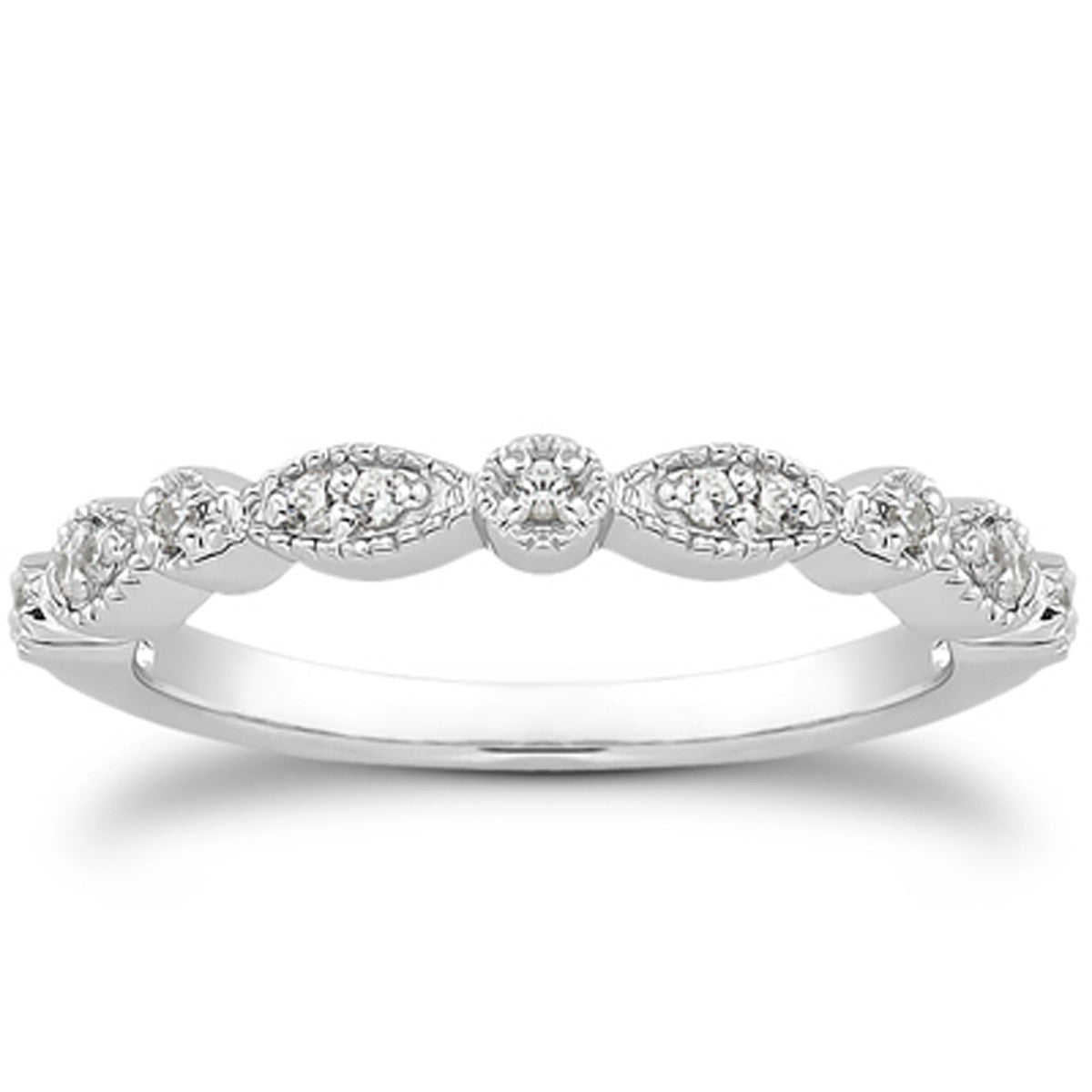 14k White Gold Vintage Look Fancy Pavé Diamond Milgrain Wedding Ring Band