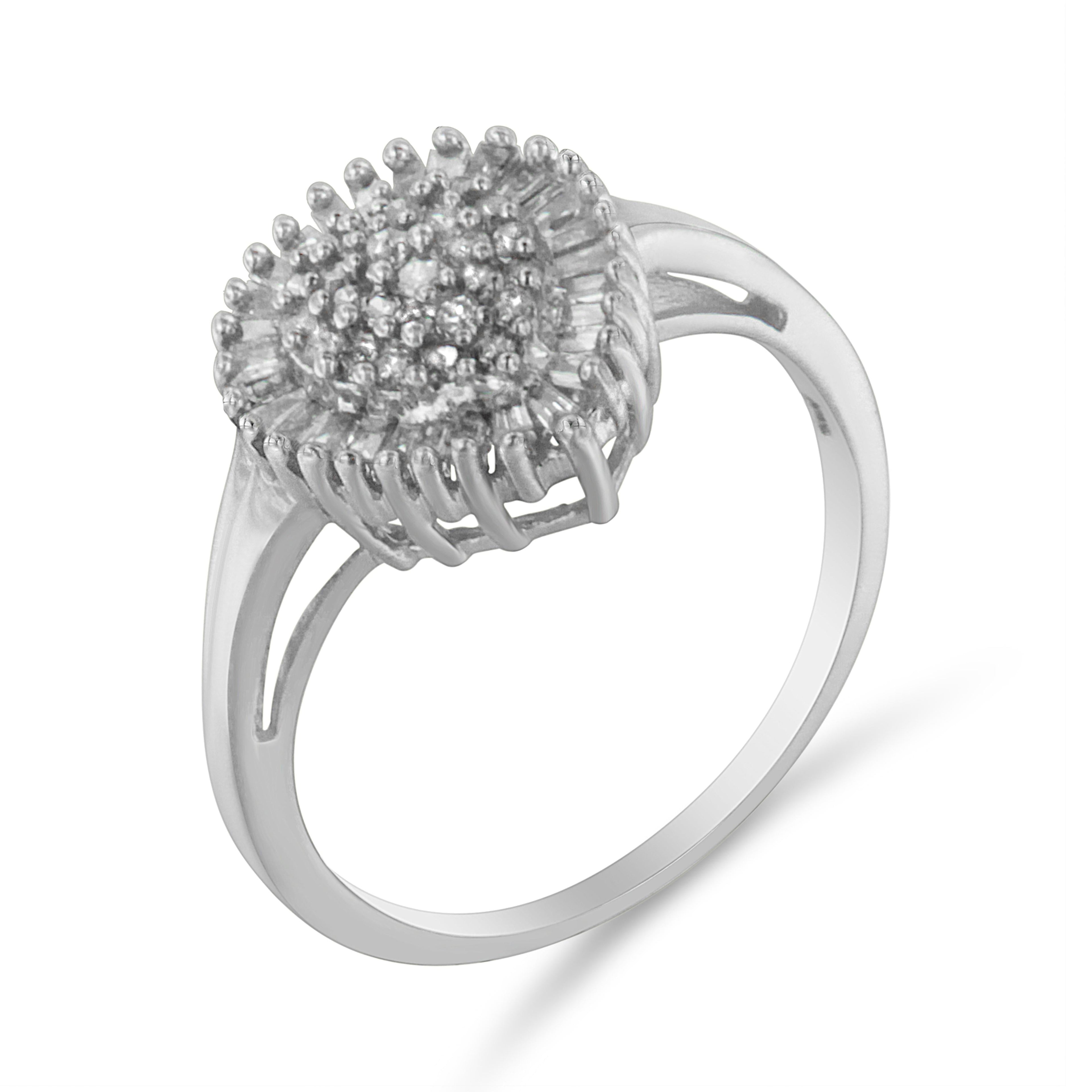 10K White Gold 1/2 Cttw Round & Baguette Cut Diamond Pear Shaped Domed Pavé Cluster with Halo Cocktail Ring (H-I Color, SI1-SI2 Clarity) - Size 5