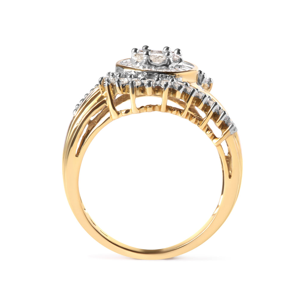 10K Yellow Gold 1 Cttw Round and Baguette Cut Diamond Cluster Swirl Band Ring (H-I Color, I1-I2 Clarity) - Ring Size 7