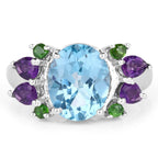 4.00 Carat Genuine Swiss Blue Topaz, Chrome Diopside & Amethyst .925 Sterling Silver Ring