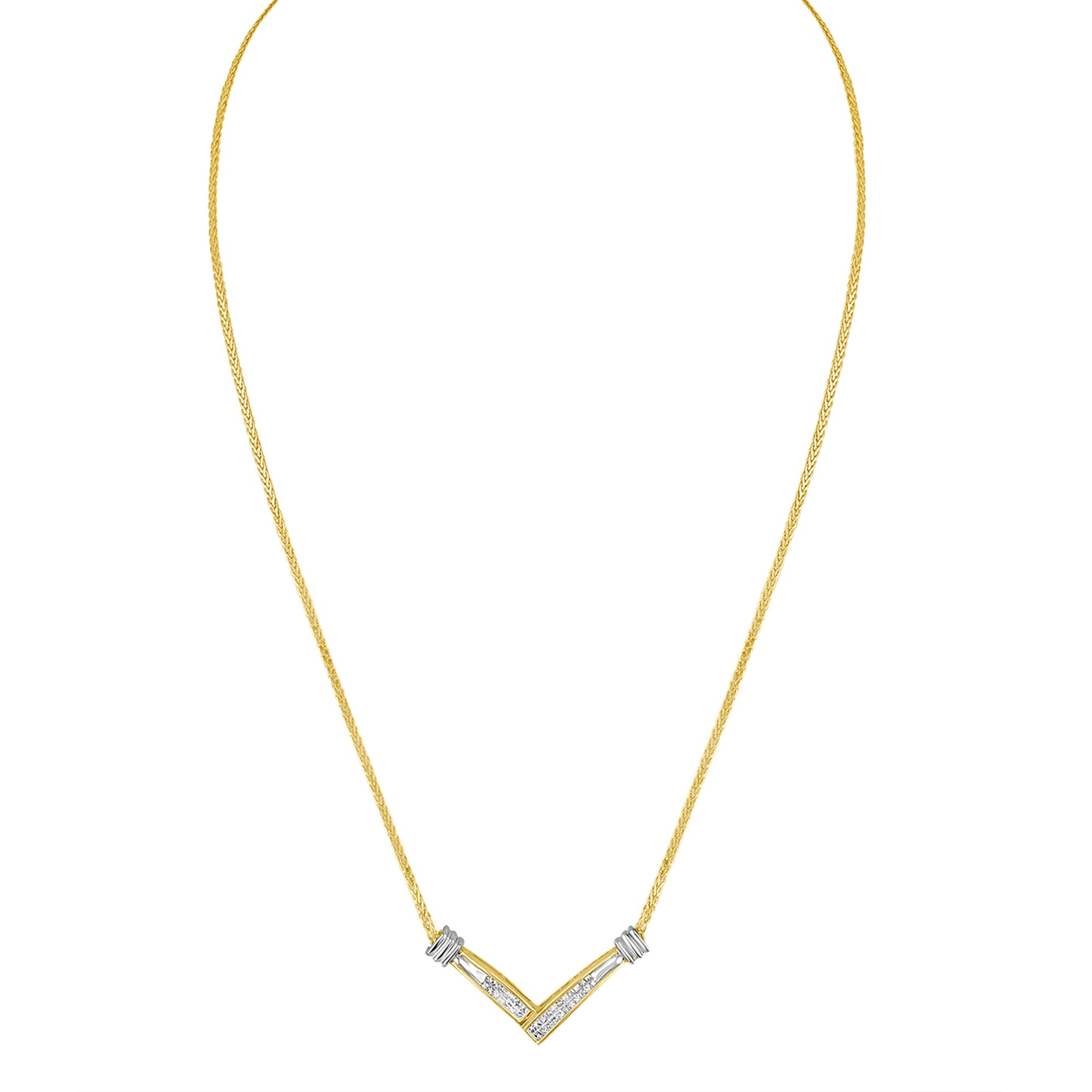 14K Yellow and White Gold 1/4 Carat Total Weight Princess Cut Diamond Channel-Set "V" Shape 18" Pendant Necklace (H-I Color, SI2-I1 Clarity)