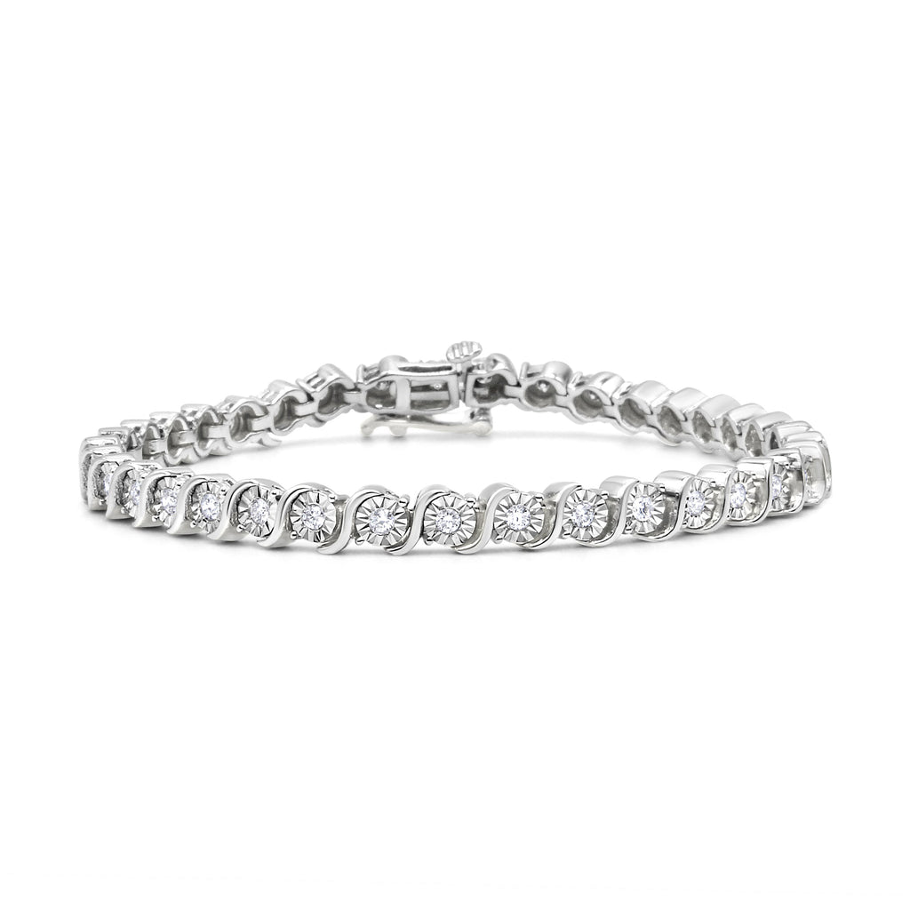 14K Rose Gold Plated .925 Sterling Silver 1/4 Carat Total Weight Diamond Round Miracle Plate and "S" Link Tennis Bracelet (I-J Color, I2- I3 Clarity) - 7"
