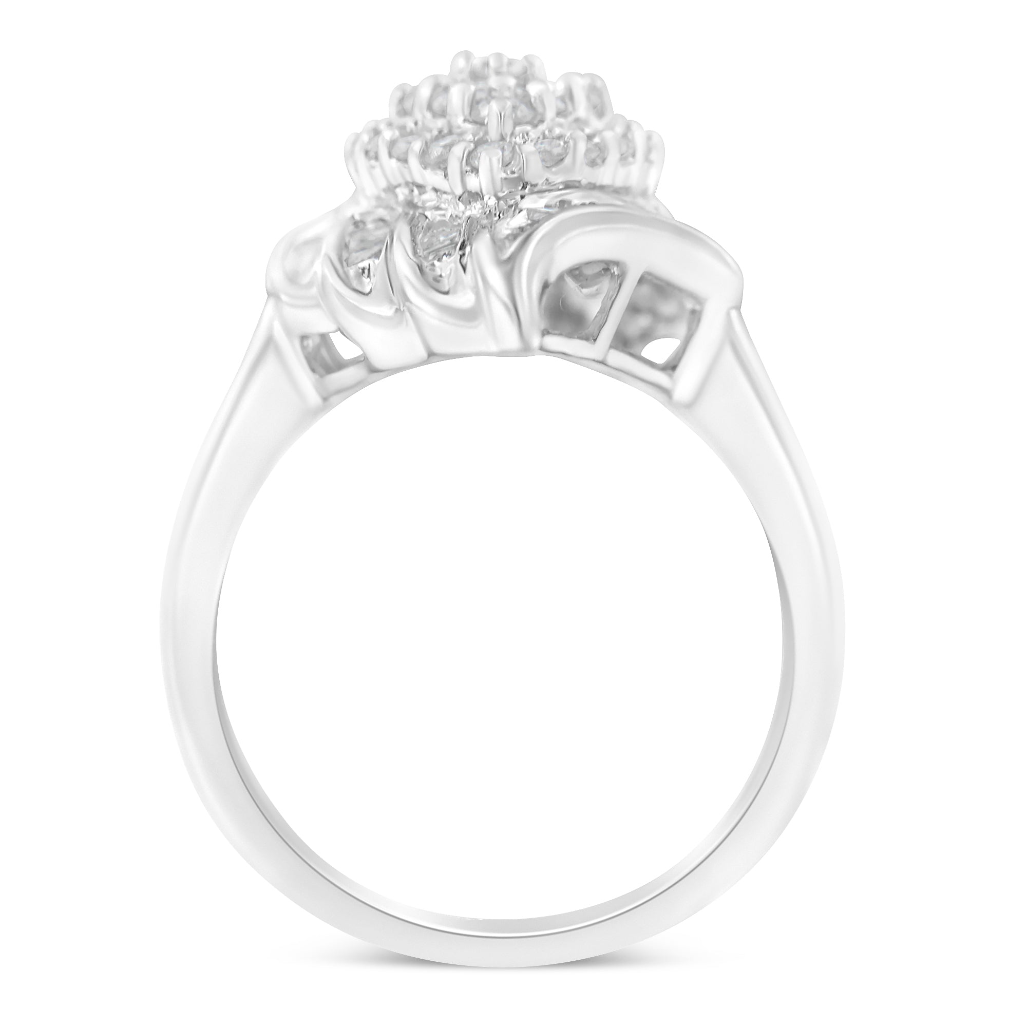 .925 Sterling Silver ¾ Cttw Round and Baguette Cut Diamond Stair-Stepped Cluster Waterfall Cocktail Ring (I-J Color, I2-I3 Clarity) - Size 6