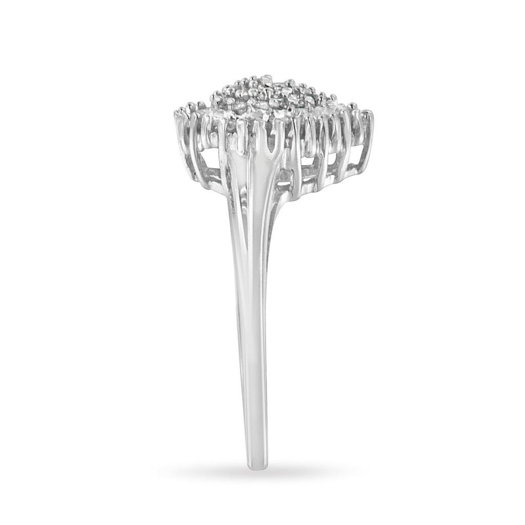 10K White Gold 1/2 Cttw Round & Baguette Cut Diamond Pear Shaped Domed Pavé Cluster with Halo Cocktail Ring (H-I Color, SI1-SI2 Clarity) - Size 5