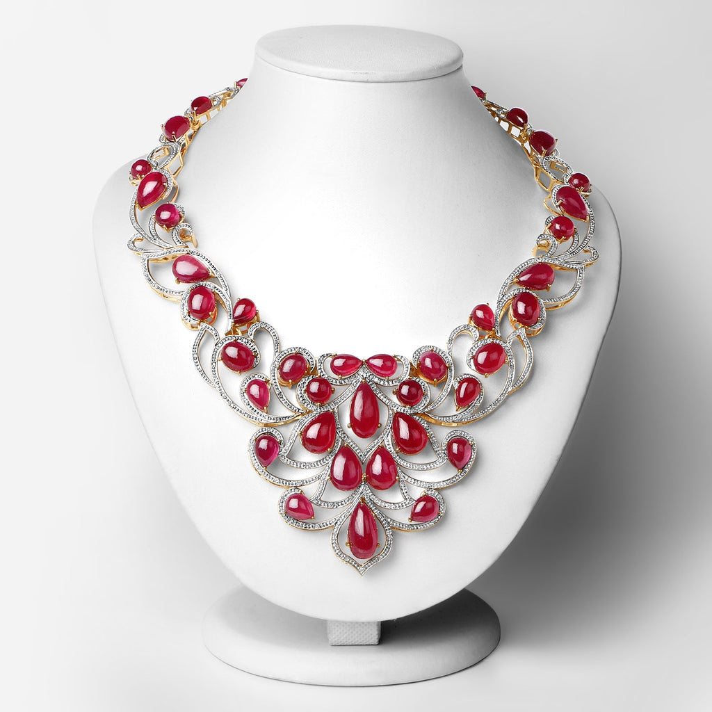 160.14 Carat Glass-Filled Ruby and White Diamond .925 Sterling Silver Necklace
