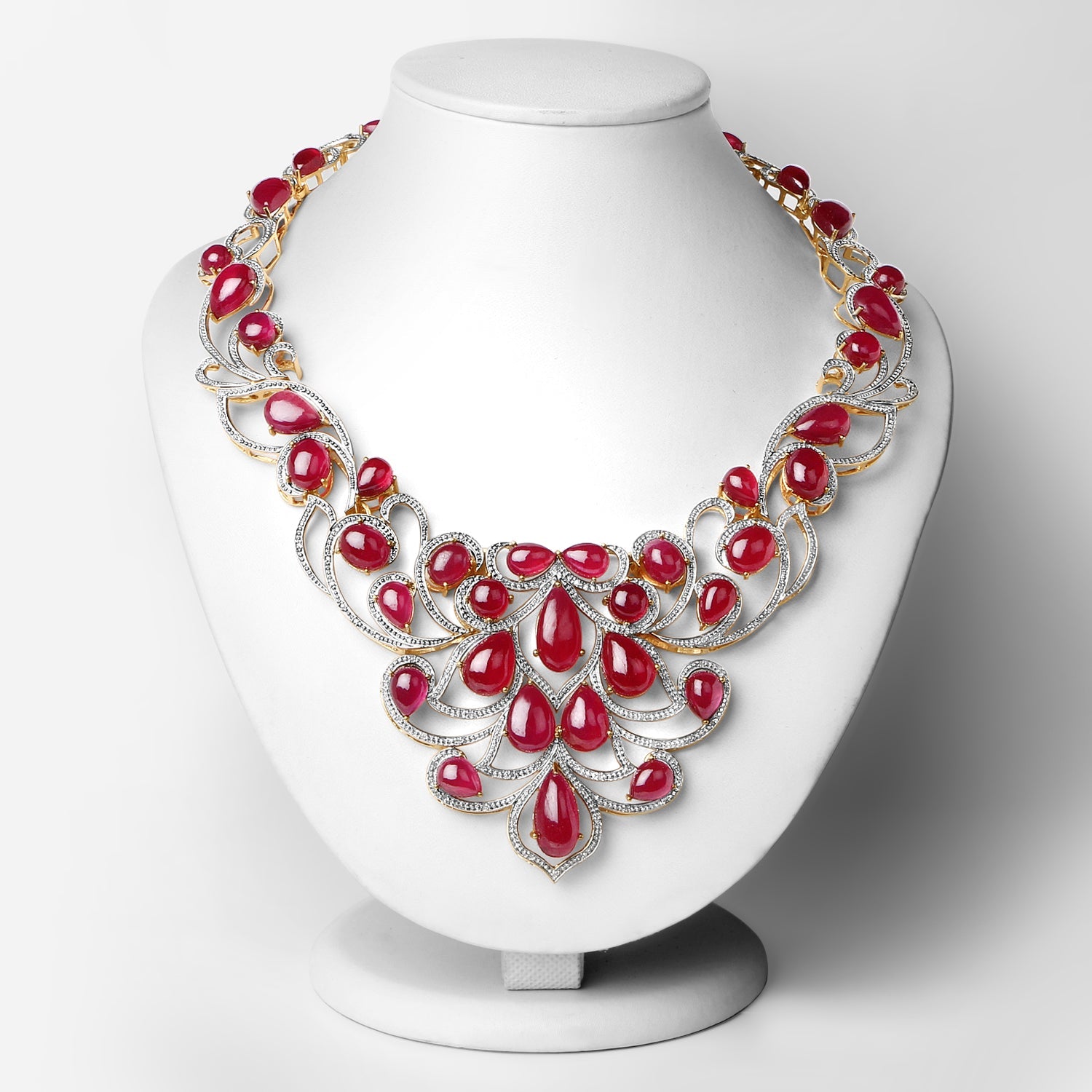 160.14 Carat Glass-Filled Ruby and White Diamond .925 Sterling Silver Necklace