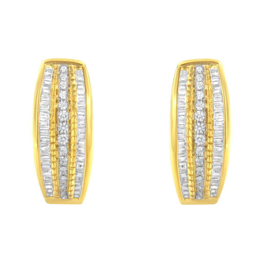 10K Yellow Gold 3/4 Carat Total Weight Pave and Channel Set Diamond Triple Row Modern Hoop Earrings (I-J Color, I2-I3 Clarity)