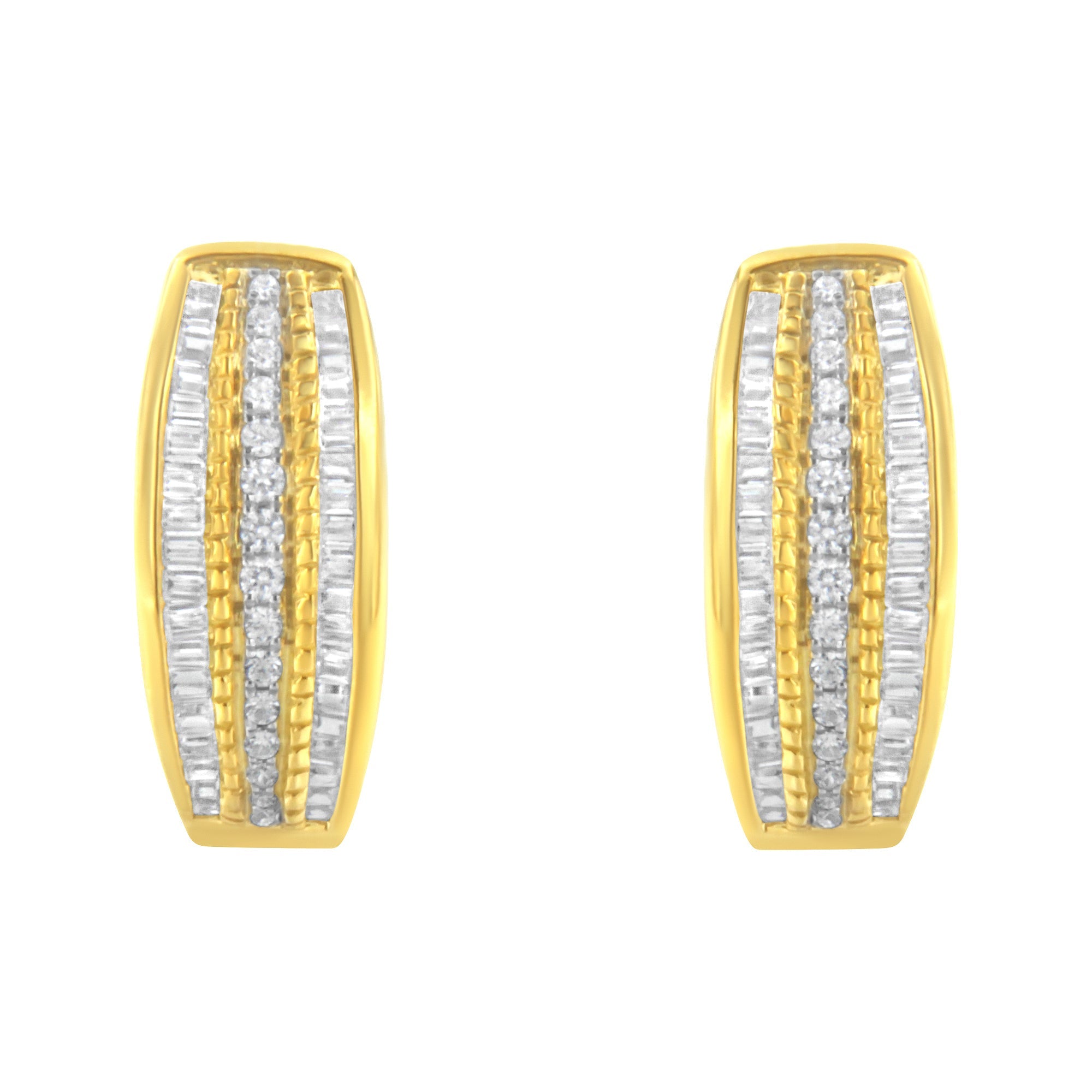 10K Yellow Gold 3/4 Carat Total Weight Pave and Channel Set Diamond Triple Row Modern Hoop Earrings (I-J Color, I2-I3 Clarity)