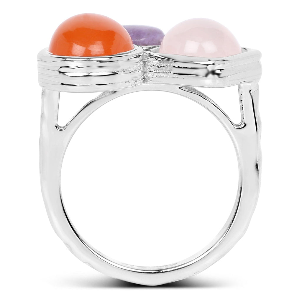5.21 Carat Genuine Rose Quartz, Carnelian, and Charoite .925 Sterling Silver Ring