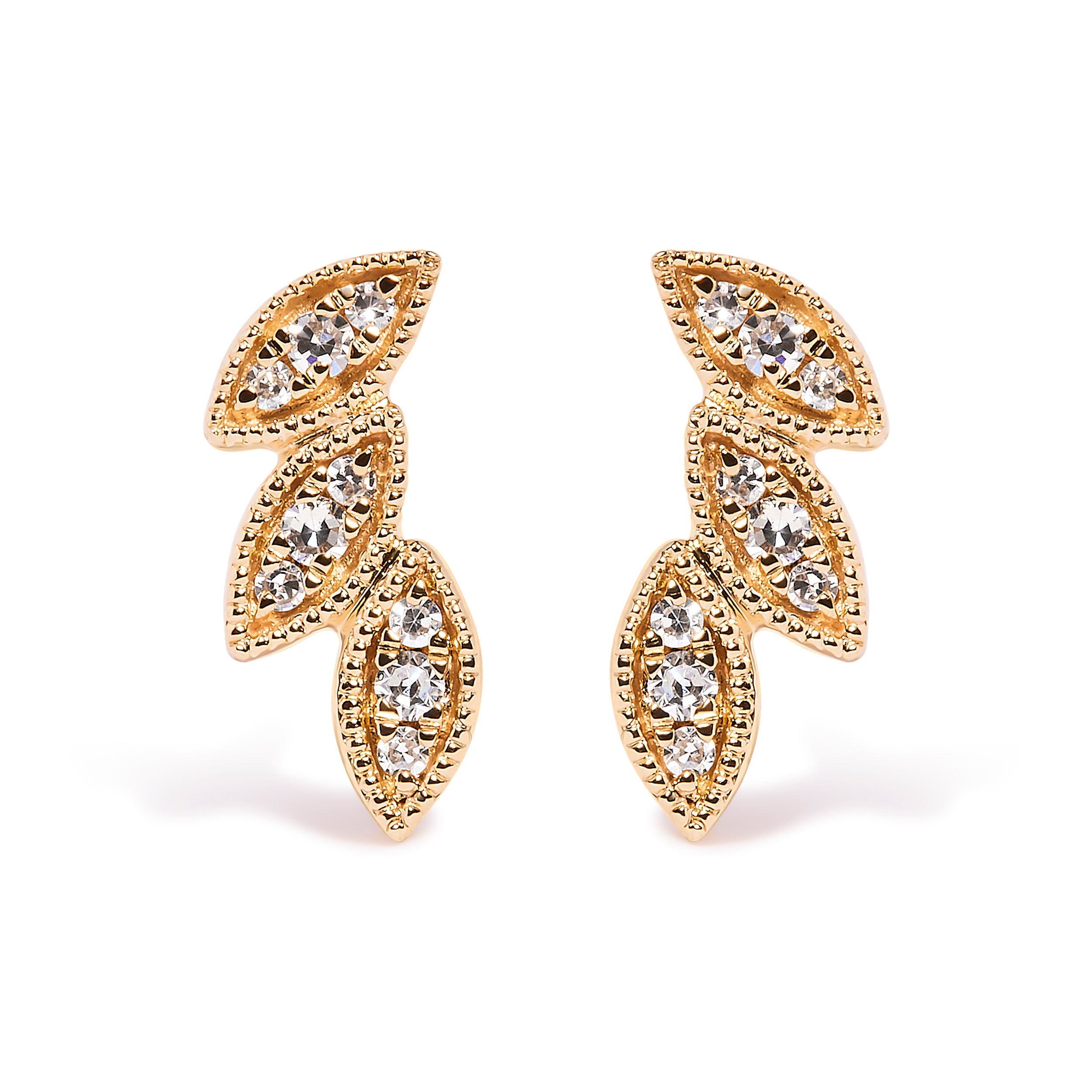 10K Yellow Gold 1/10 Cttw Diamond Triple Leaf Stud Earrings (H-I Color, I1-I2 Clarity)