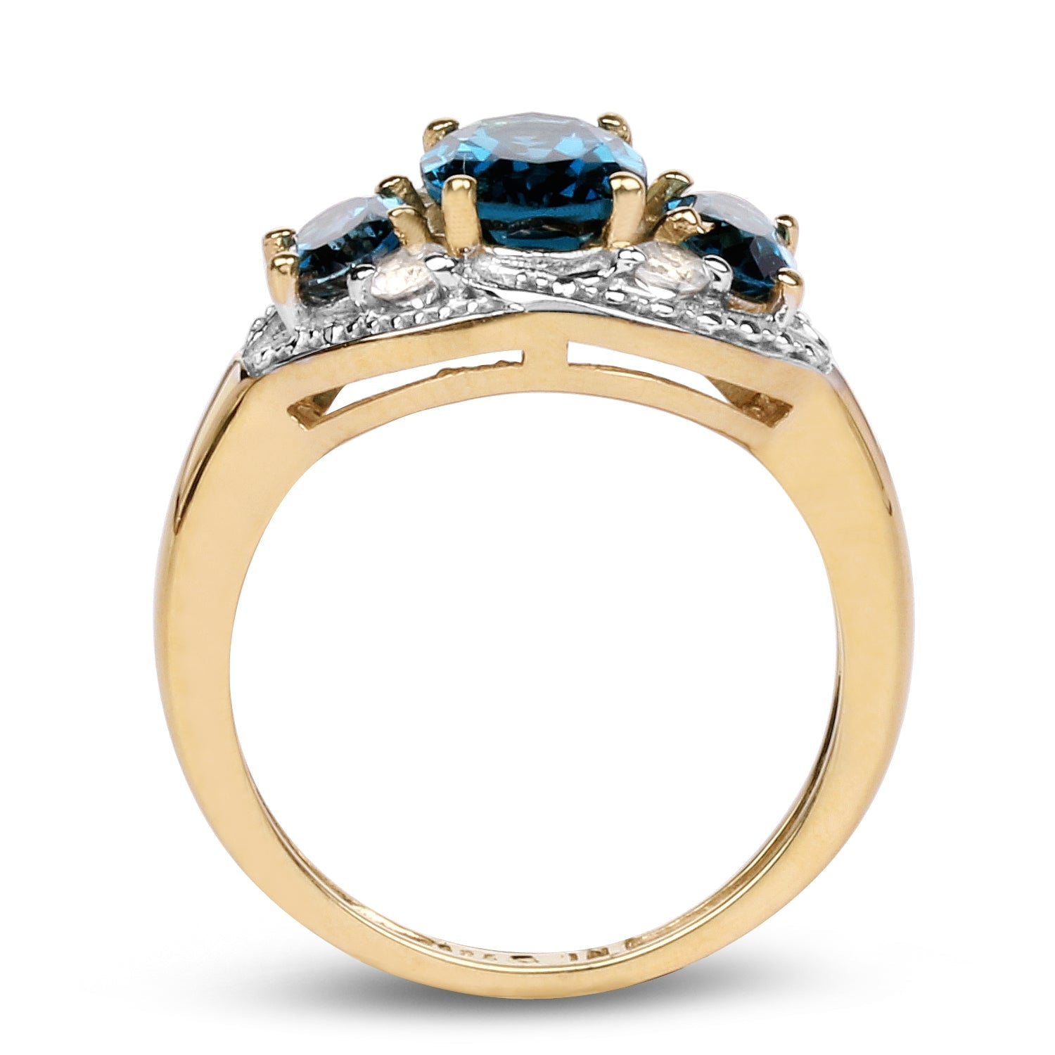 14K Yellow Gold Plated 2.77 Carat Genuine London Blue Topaz and White Topaz .925 Sterling Silver Ring